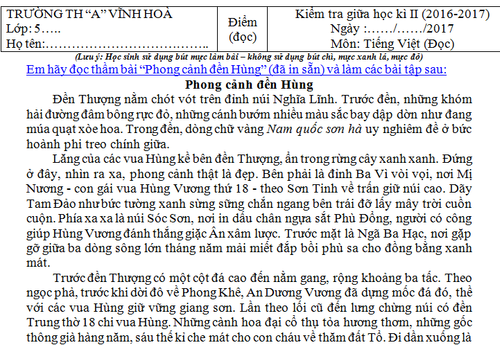 Đề kiểm tra giữa kì 2 lớp 5 môn Tiếng Việt 2017 TH A Vĩnh Hòa