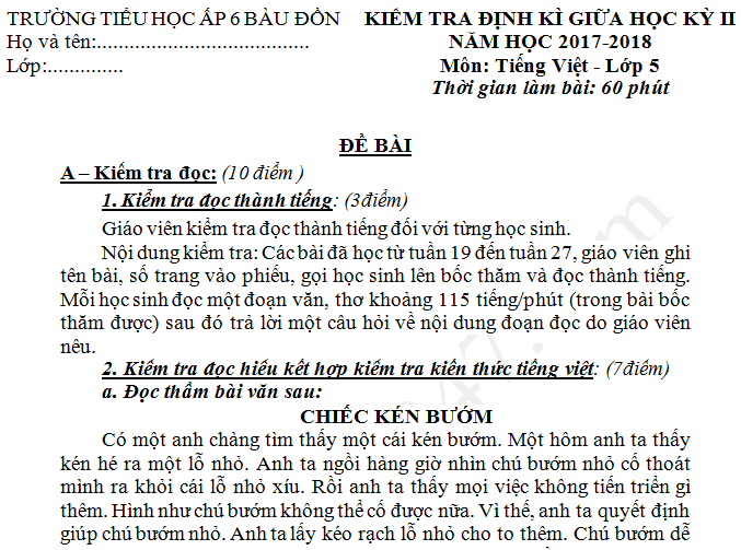 Đề thi giữa kì 2 năm 2018 lớp 5 môn Tiếng Việt TH Ấp 6 Bàu Đồn