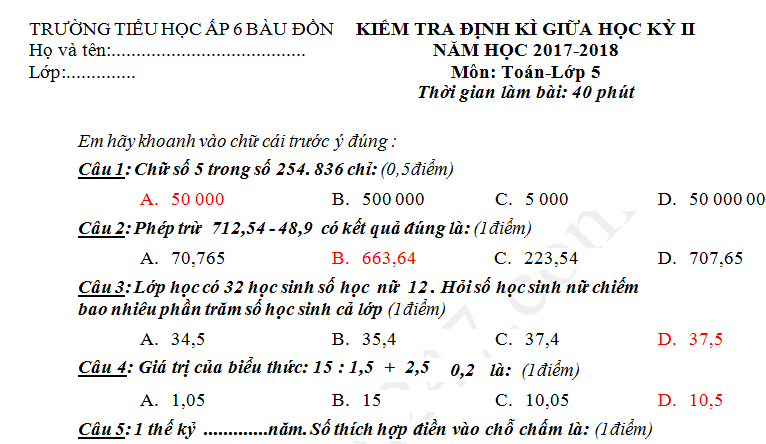 Đề thi giữa kì 2 lớp 5 môn Toán 2018 có đáp án  - TH Ấp 6 Bàu Đồn