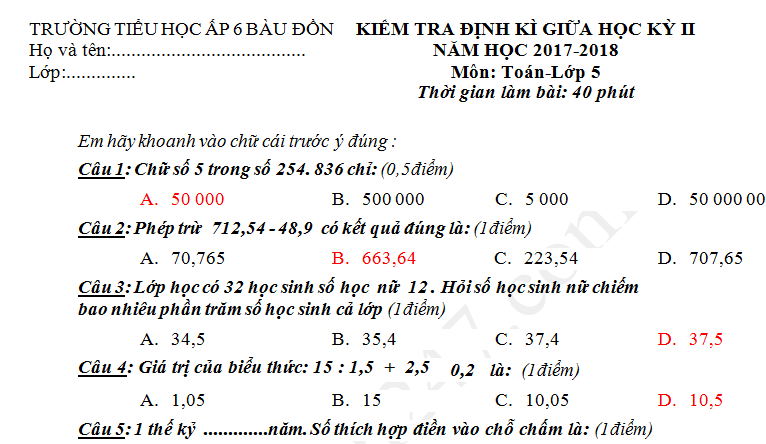 Đề thi giữa kì 2 lớp 5 môn Tiếng Việt TH Nậm Mòn 1 năm 2017