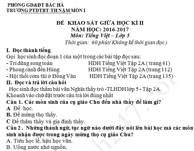 Đề thi giữa kì 2 môn Tiếng Việt lớp 5 TH Nậm Mòn 2017 