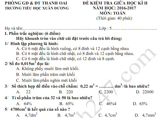 Đề thi giữa kì 2 môn Toán lớp 5 - TH Xuân Dương 2017