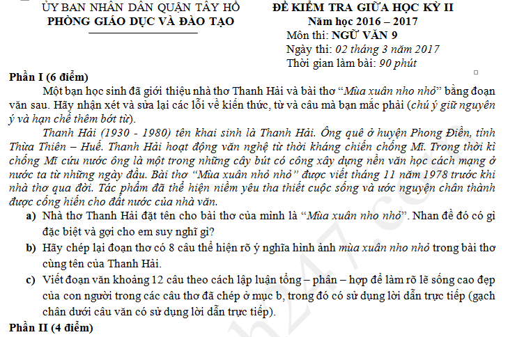 Đề thi giữa kì 2 môn Văn lớp 9 - Quận Tây Hồ 2017