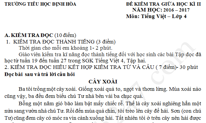 Đề thi giữa kì 2 năm 2017 lớp 4 môn Tiếng Việt TH Định Hòa