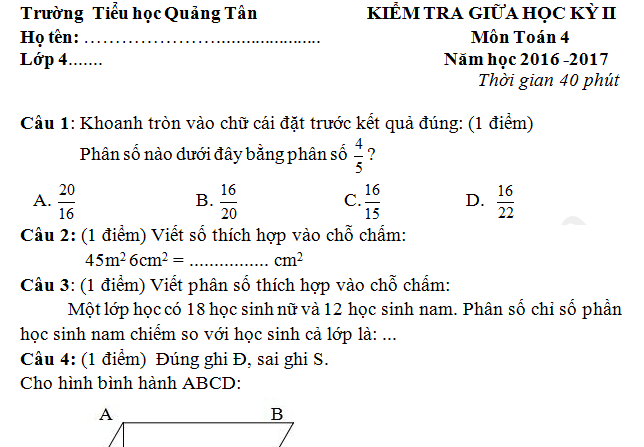 Đề thi giữa kì 2 môn Toán lớp 4 - TH Quảng Tân năm 2017