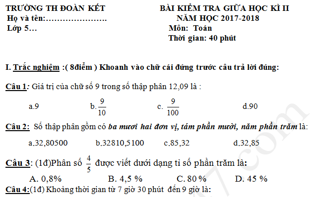 Đề thi giữa kì 2 năm 2018 môn Toán lớp 5 TH Đoàn Kết