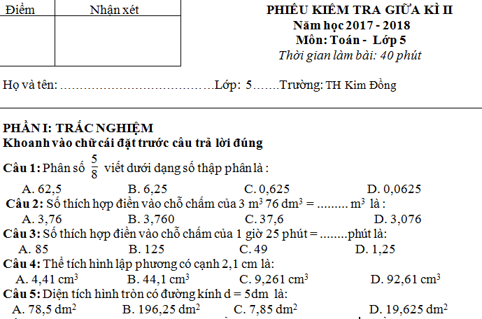 Đề kiểm tra giữa kì 2 lớp 5 môn Toán 2018 - TH Kim Đồng