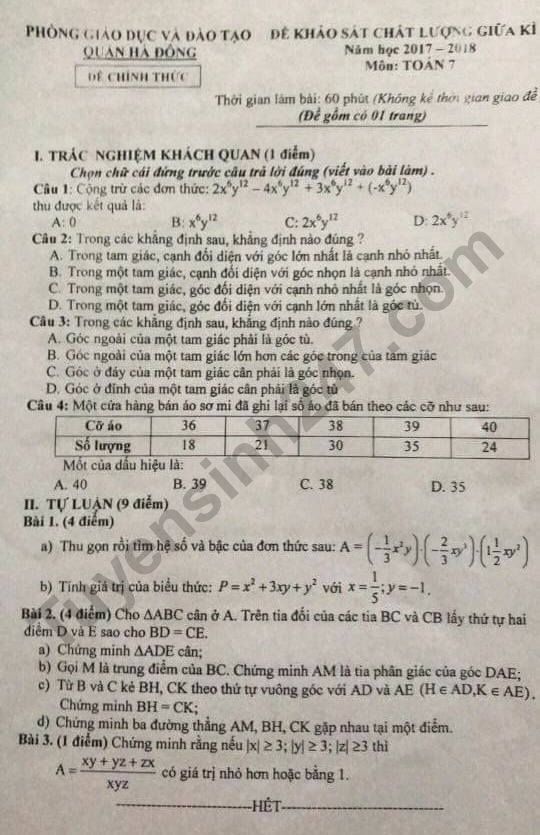 Đề thi giữa kì 2 lớp 7 môn Toán Phòng GD Hà Đông 2018