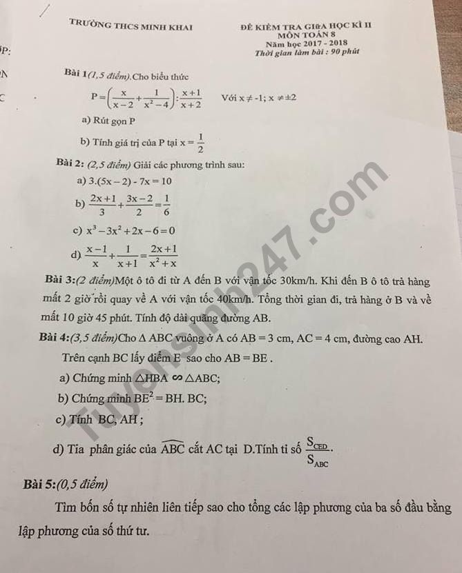 Đề kiểm tra giữa kì 2 lớp 8 môn Toán 2018 - THCS Minh Khai