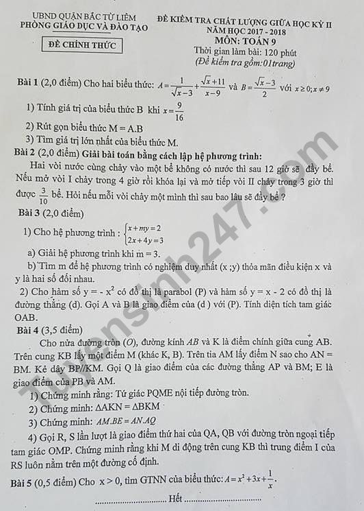 Đề thi giữa kì 2 lớp 9 môn Toán - Phòng GD Bắc Từ Liêm 2018