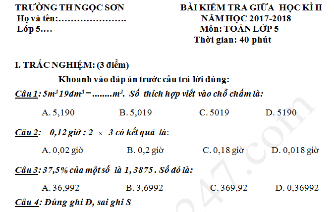 Đề kiểm tra giữa kì 2 lớp 5 môn Toán - TH Ngọc Sơn 2018