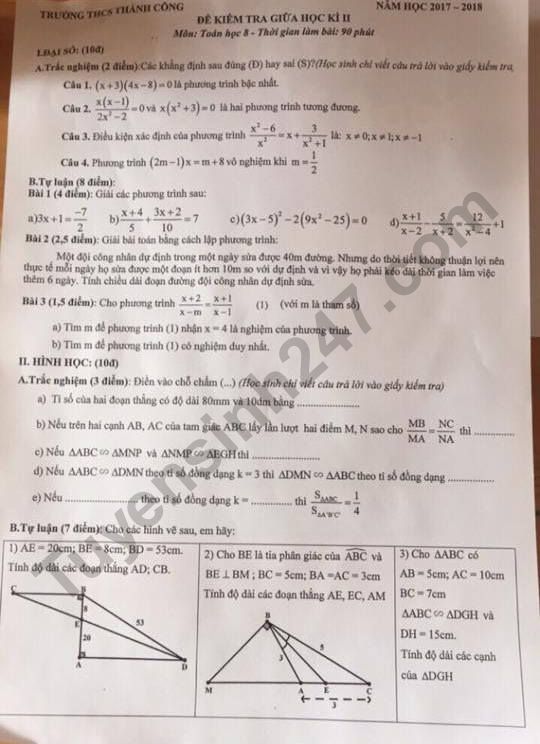 Đề thi giữa kì 2 lớp 8 môn Toán - THCS Thành Công 2018