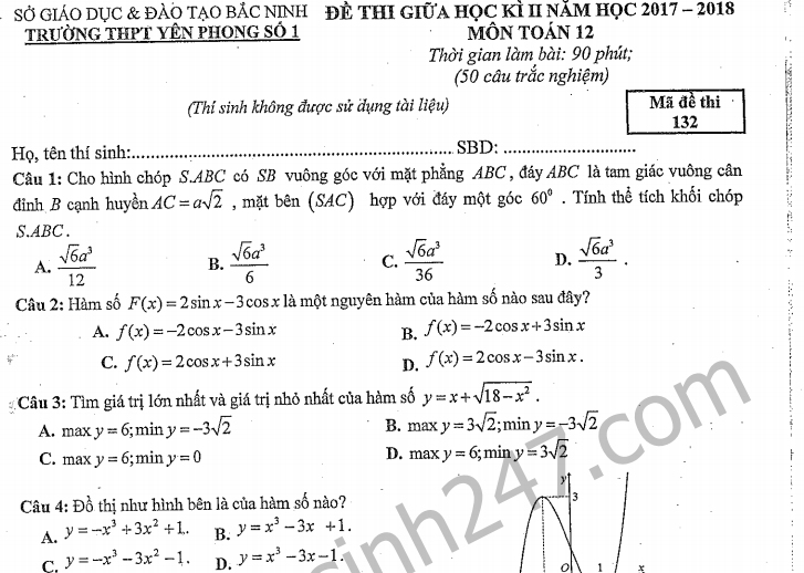 Đề thi giữa kì 2 môn Toán lớp 12 - THPT Yên Phong số 1 năm 2018