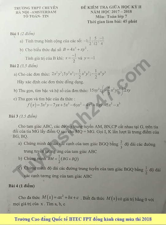 Đề kiểm tra giữa kì 2 lớp 7 môn Toán 2018 - Amsterdam