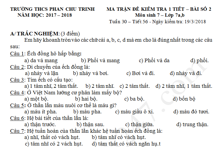 Đề kiểm tra giữa kì 2 lớp 7 môn Sinh 2018 - THCS Phan Chu Trinh