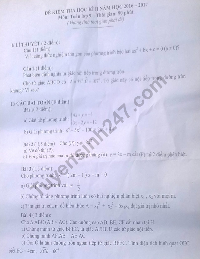 Đề kiểm tra cuối kì 2 lớp 9 môn Toán 2017 - Tây Ninh