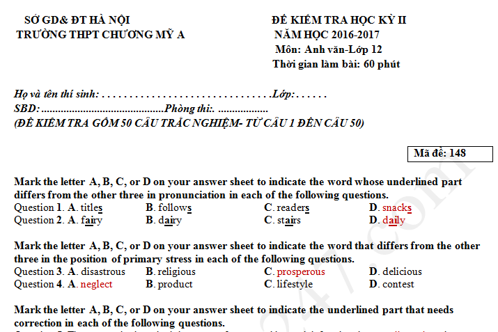 Đề thi cuối kì 2 lớp 12 môn Anh THPT Chương Mỹ A năm 2017