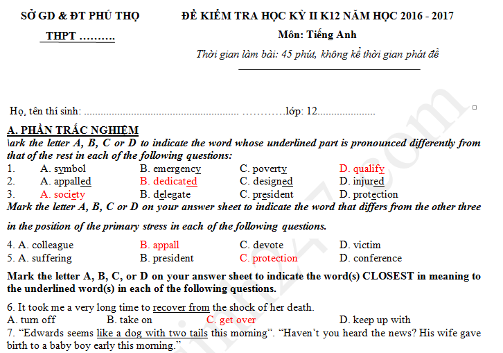 Đề thi kì 2 năm 2017 lớp 12 môn Anh - Sở GD Phú Thọ