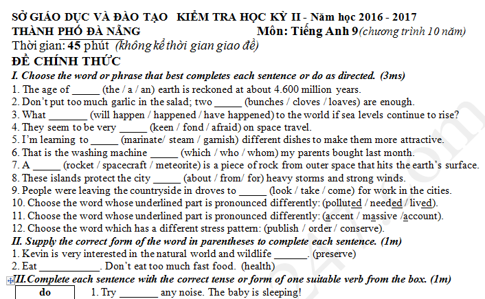 Đề thi kì 2 năm 2017 lớp 9 môn Anh Sở GD Đà Nẵng