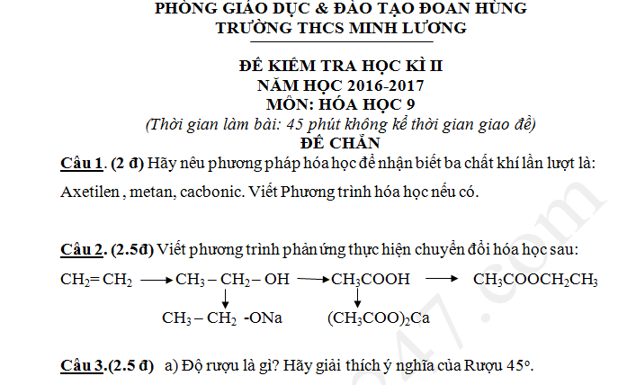 Đề kiểm tra học kì 2 lớp 9 môn Hóa 2017 - THCS Minh Lương