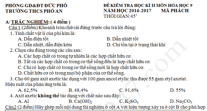 Đề thi cuối kì 2 môn Hóa lớp 9 - THCS Phổ An năm 2017