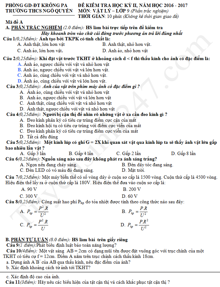 Đề thi kì 2 lớp 9 môn Lý - THCS Ngô Quyền 2017