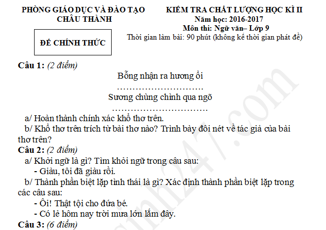 Đề thi kì 2 lớp 9 môn Văn - Phòng GD Châu Thành 2017