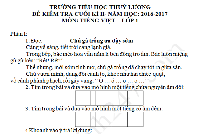 Đề thi kì 2 lớp 1 môn Tiếng Việt 2017 - TH Thúy Lương