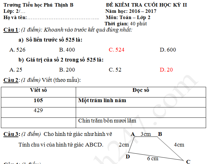 Đề kiểm tra học kì 2 lớp 2 môn Toán - TH Phú Thịnh B năm 2017 