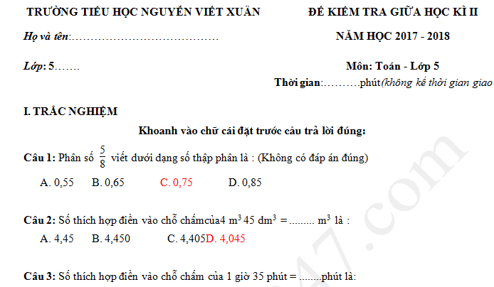 Đề thi giữa kì 2 năm 2018 môn Toán lớp 5  - TH Nguyễn Viết Xuân