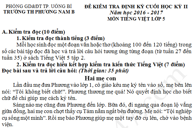 Đề kiểm tra kì 2 lớp 5 môn Tiếng Việt - TH Phương Nam B 2017