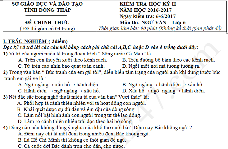 Đề thi kì 2 môn Văn lớp 6 năm 2017 Sở GD Đồng Tháp