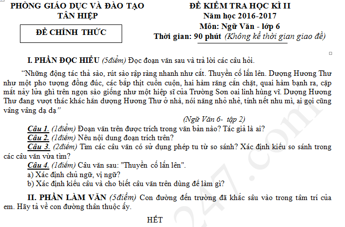 Đề thi cuối kì 2 lớp 6 môn Văn - Phòng GD Tân Hiệp 2017