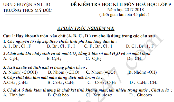 Đề kiểm tra kì 2 môn Hóa lớp 9 - THCS Mỹ Đức 2018 