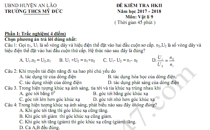 Đề kiểm tra cuối kì 2 lớp 9 môn lý 2018 - THCS Mỹ Đức