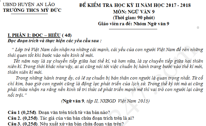 Đề thi học kì 2 môn Văn lớp 9 năm 2018 - THCS Mỹ Đức