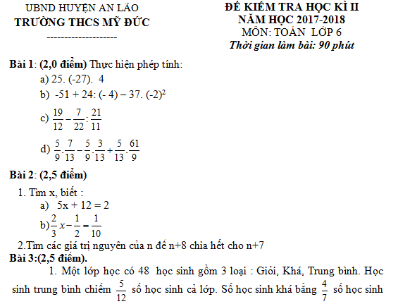 Đề thi kì 2 môn Toán lớp 6 năm 2018 - THCS Mỹ Đức
