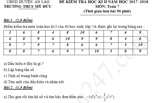 Đề thi học kì 2 lớp 7 môn Toán - THCS Mỹ Đức 2018