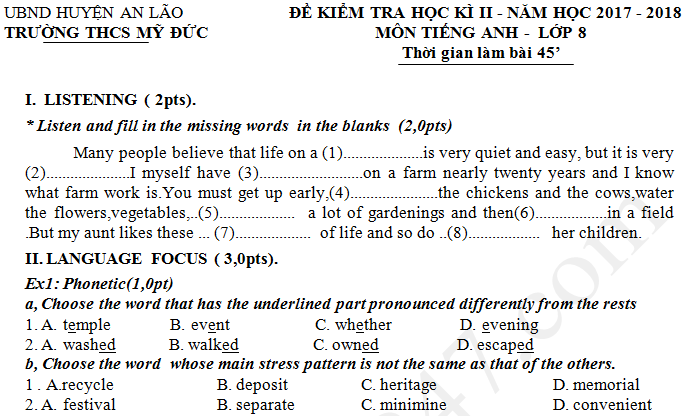 Đề thi cuối kì 2 lớp 8 môn Anh - THCS Mỹ Đức 2018
