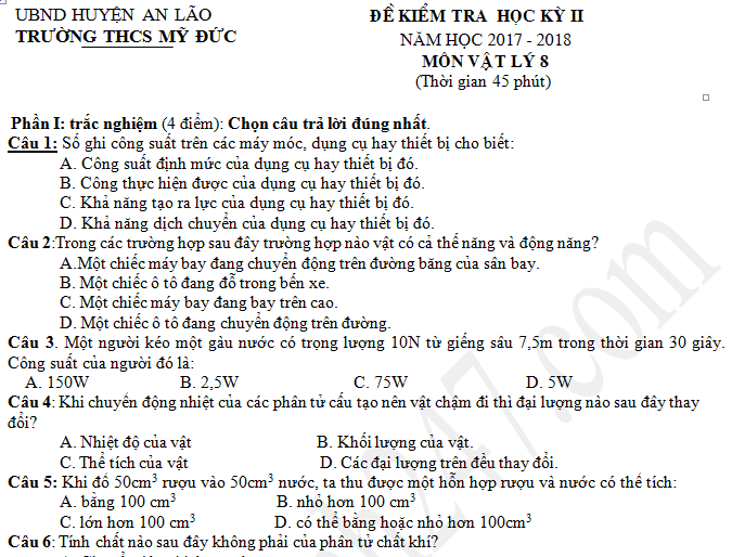 Đề kiểm tra kì 2 lớp 8 môn Lý - THCS Mỹ Đức năm 2018