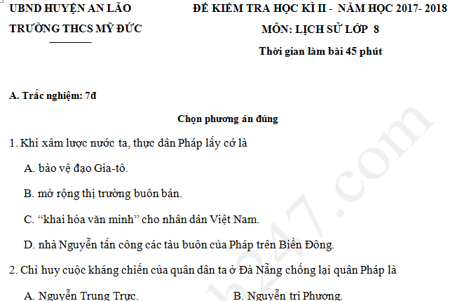 Đề kiểm tra kì 2 lớp 8 môn Sử - THCS Mỹ Đức 2018