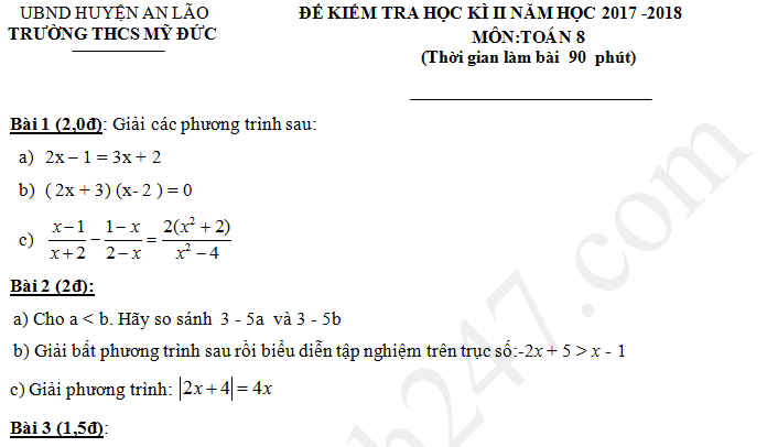 Đề thi kì 2 năm 2018 lớp 8 môn Toán THCS Mỹ Đức