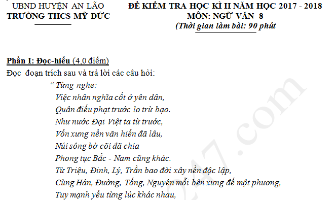 Đề thi cuối kì 2 lớp 8 môn Văn - THCS Mỹ Đức 2018