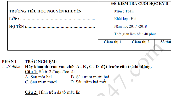 Đề kiểm tra học kì 2 lớp 2 môn Toán - TH Nguyễn Khuyến 2018 