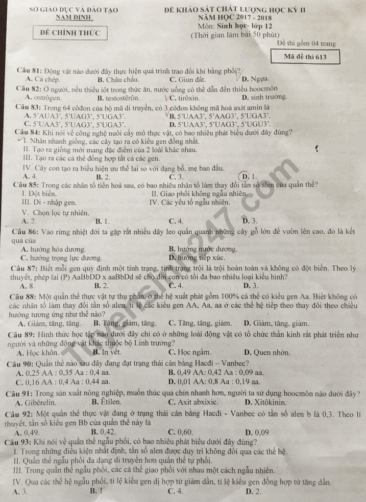 Đề thi học kì 2 môn Sinh lớp 12 - Sở GD Nam Định năm 2018