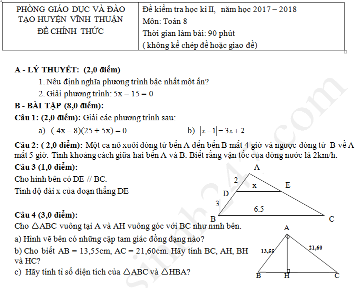 Đề kiểm tra học kì 2 lớp 8 môn Toán 2018 - Phòng GD Vĩnh Thuận