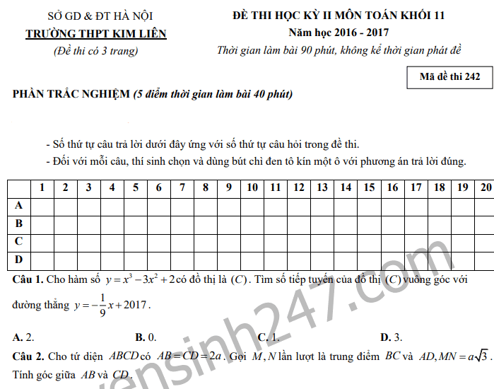 Đề thi học kì 2 lớp 11 môn Toán 2017 trường THPT Kim Liên