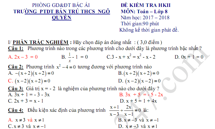 Đề thi học kì 2 môn Toán lớp 8 - Ngô Quyền năm 2018 