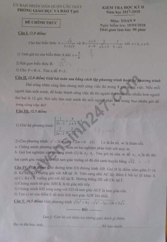 Đề thi kì 2 lớp 9 môn Toán - Quận Cầu Giấy năm học 2017 - 2018