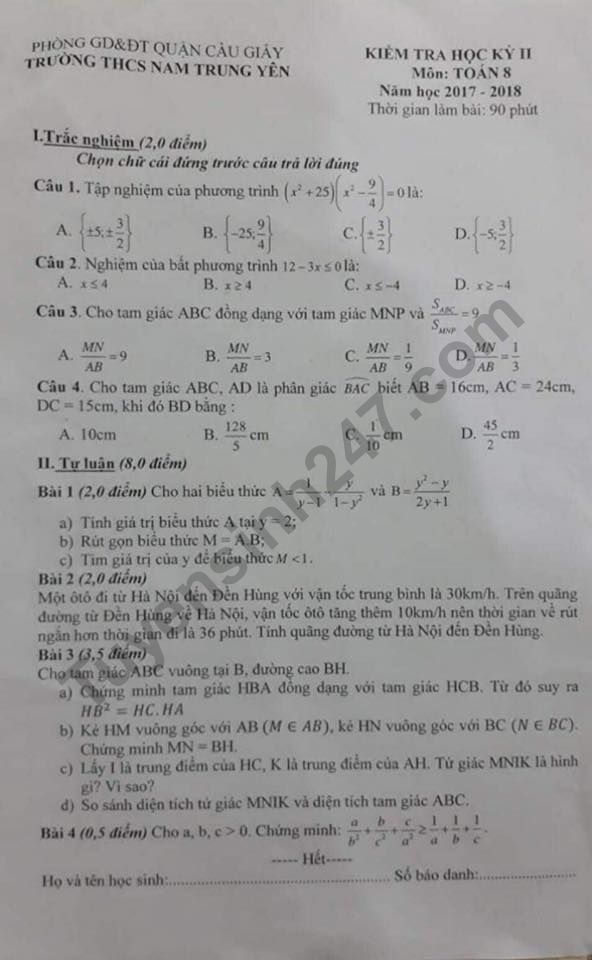 Đề thi kì 2 lớp 8 môn Toán - Nam Trung Yên năm 2018